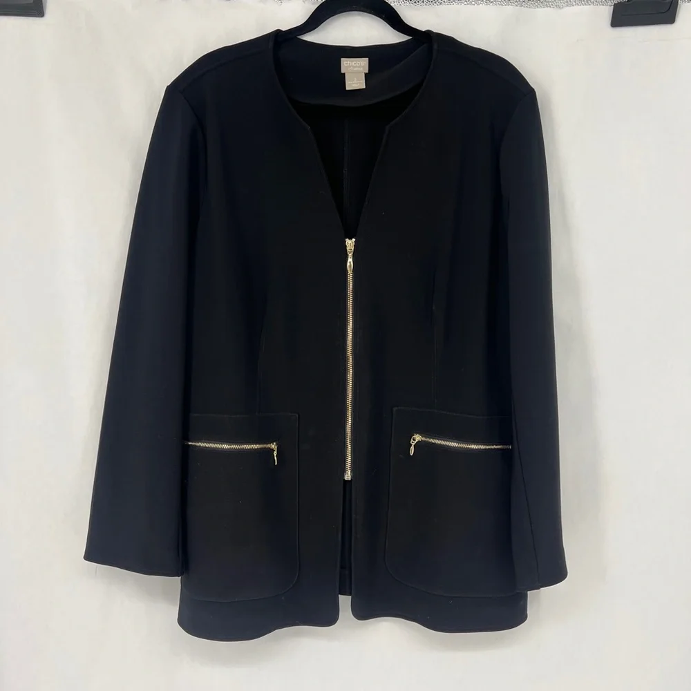Chico's size 16/18 Black Collarless Zip-Front Jacket with Gold Zippers